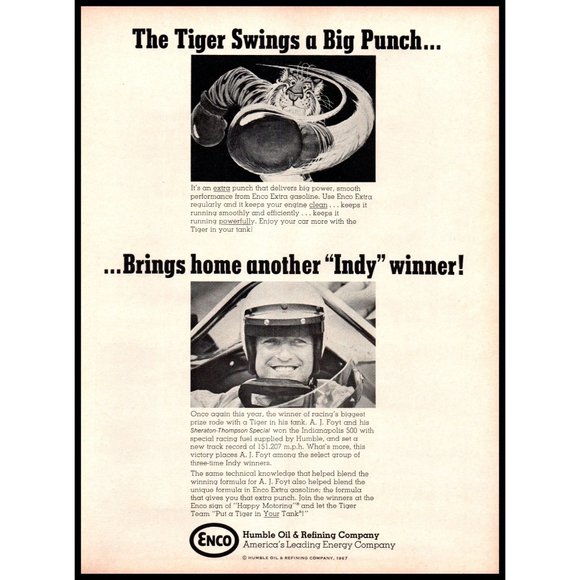 1967 Enco Humble Oil Company Tiger Swings a Big Punch Vintage Print Ad Wall Art - Picture 1 of 1